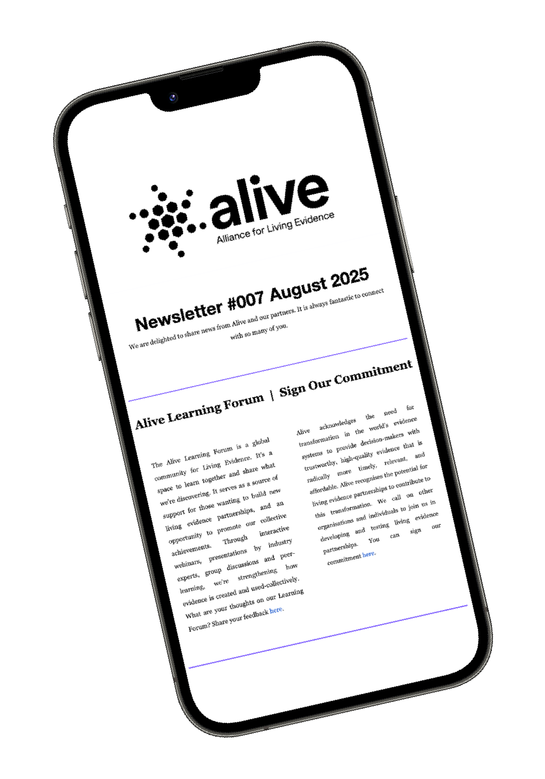 Alive newsletter mobile layout as seen on a smartphone screen
